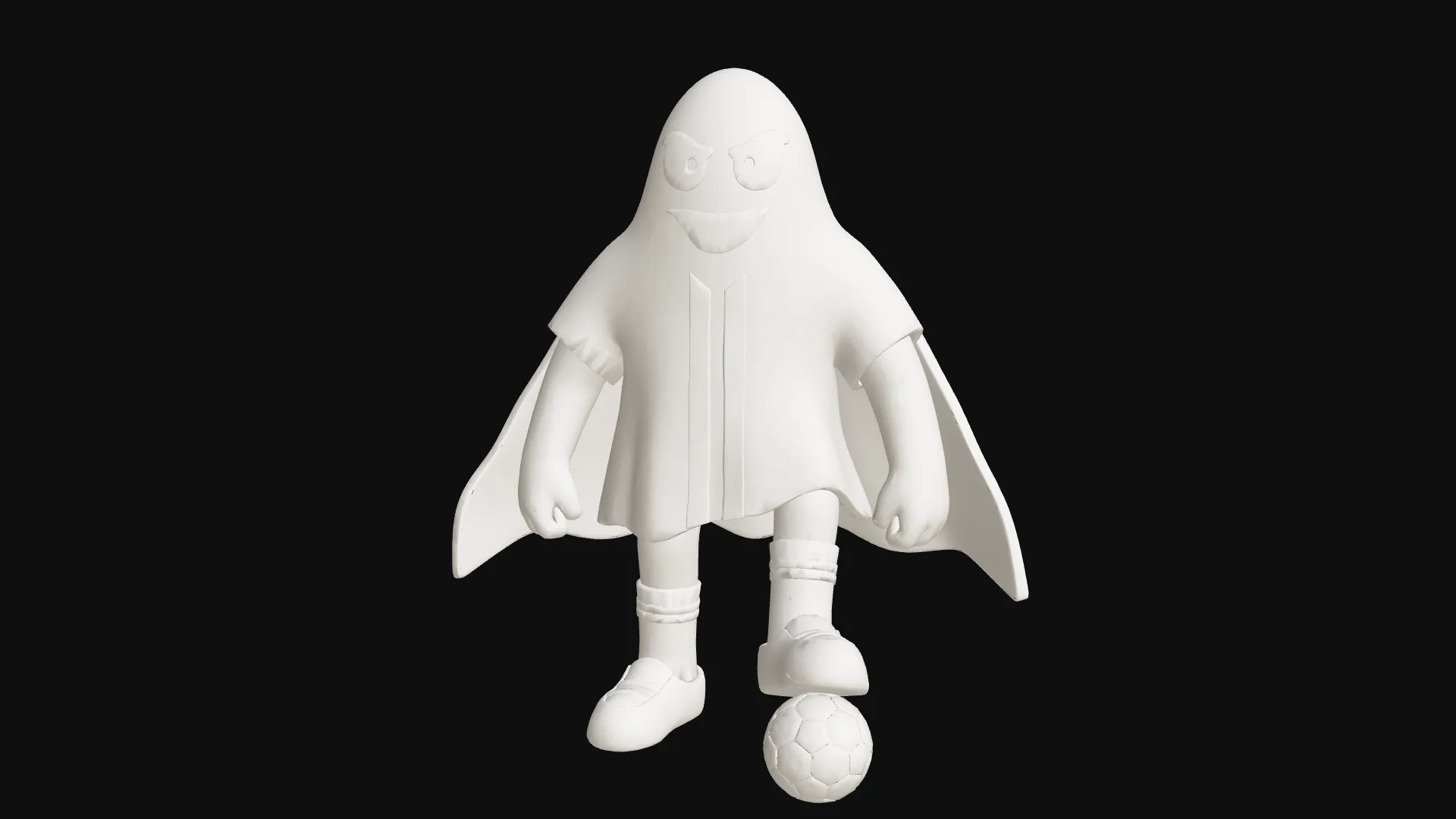 Mascote fantasma impresso em 3D, de capa e chuteira, com uma bola de futebol junto ao pé